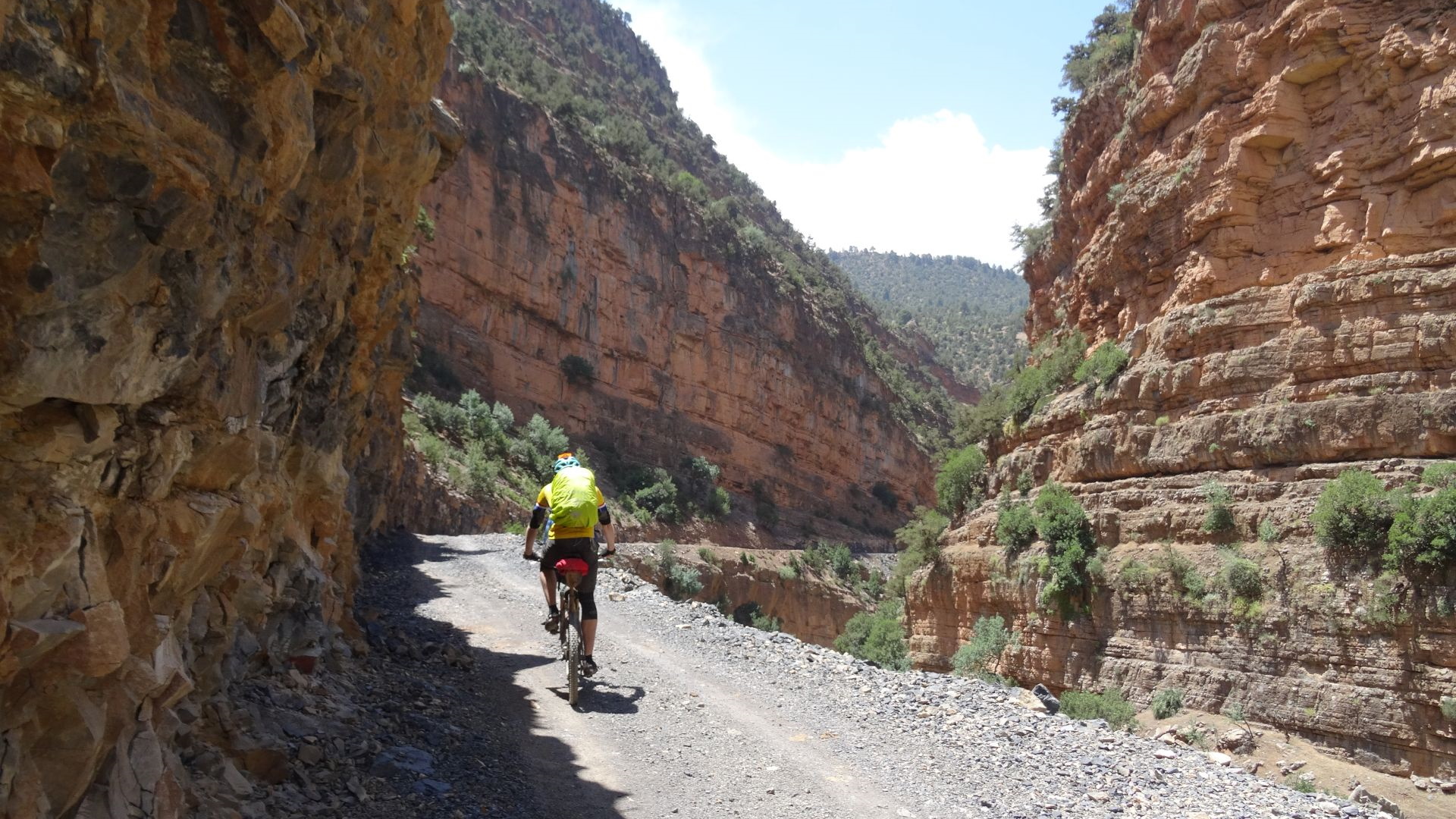 Riding through the stunning Assif Melloul Gorge, in Morocco. Taken on "Day 2" of our 2-week, unsupported traverse of the High Atlas in 2015