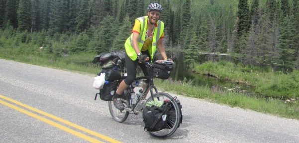 Jon Slade, travelling light, on the Alaskan Highway near Toad River, Yukon Territory, Canada
