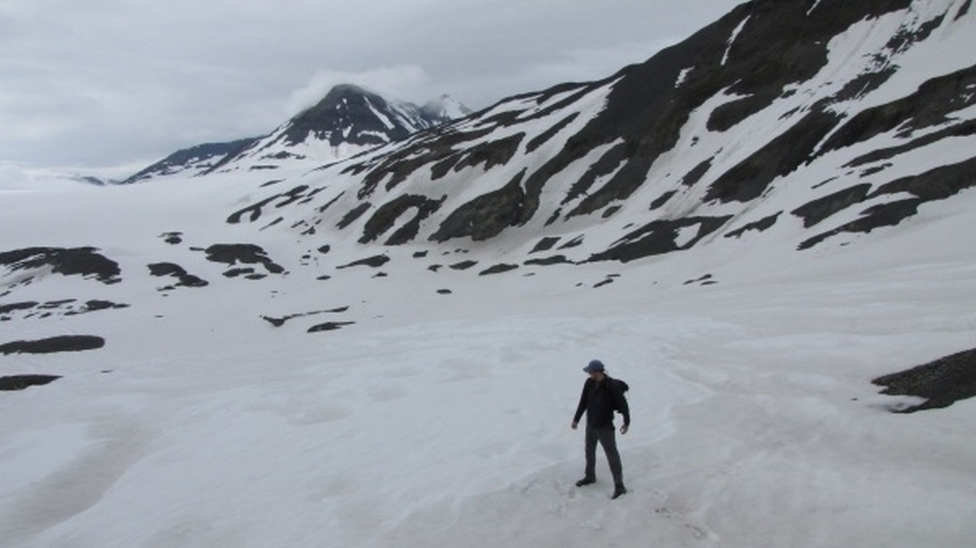 Harding Ice Field nr Seward - man attempts world`s highest "catalogue pose" once perfected "Jockey Y-Fronts" ready to model