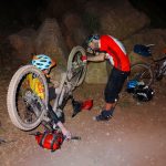 Day 6 - Repairing a snapped-off rear derailleur in the dark, after nearly 14 hours on the bikes. "Can we fix it? ... Yes we can!". Shaun AKA Bob the Builder master-mechanic does the final checks ... Somewhere between Tighza & Anguelz! © Steve Woodward